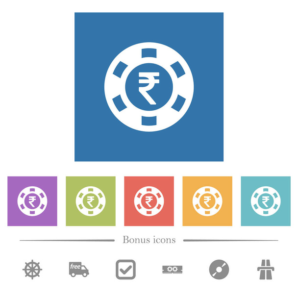 Indiai rúpia kaszinó chip lapos fehér ikonok négyzet hátterű. 6 bónusz ikonok tartalmazza. - Vektor, kép