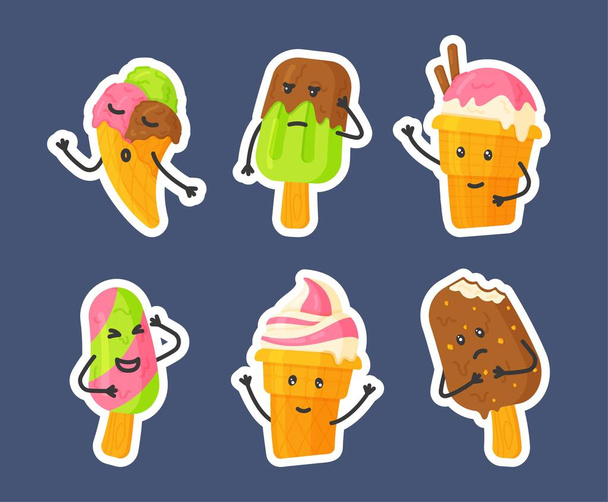 Набір барвистих персонажів морозива. Милі і смішні персонажі морозива, конуси, морозиво з усміхненими людськими обличчями, мультфільм Векторні ілюстрації, ізольовані на синьому фоні. Набір барвистих персонажів морозива
 - Вектор, зображення