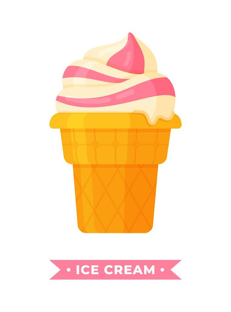 白い背景に隔離されたおいしいアイスクリームのベクトルイラスト。アイスクリーム付きの面白い漫画ストライプワッフルカップのイラスト、ストロベリーシロップ付き. - ベクター画像