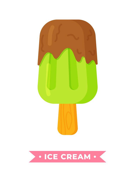 白い背景に碑文で隔離されたチョコレートと冷凍フルーツアイスのベクトルイラスト。チョコレートの霜降りとおいしい冷たいミントアイス。明るい漫画風のアイスクリーム - ベクター画像