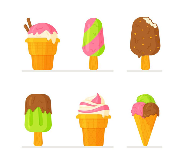 アイスクリームセットのベクトルイラスト。アイスクリームのさまざまなカラフルなアイコンのコレクション。白い背景に隔離されたさまざまな種類のアイスクリーム. - ベクター画像