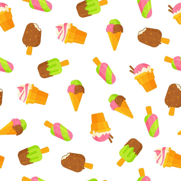 Vector illustration of a pattern of different twisted popsicles on a stick or in a cone. Cute seamless pattern with hand-drawn ice cream for summer prints, posters, wrapping paper, backgrounds, wallpaper. Bright pattern of different ice cream in diff - Vector, Image