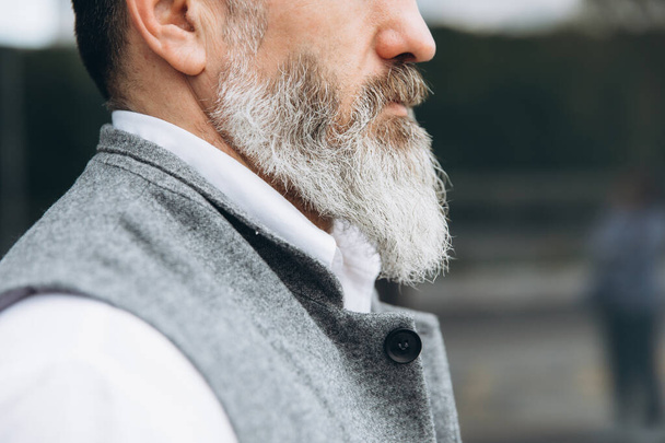 Part of the body. A man with a gray beard and mustache in a suit. - Photo, Image
