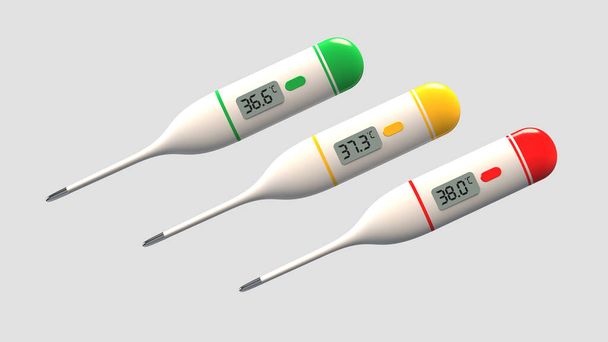 Three thermometers on an isolated gray background. Green, Yellow, Red thermometers. Degrees Celsius. Health protection. Digital medical thermometers. Health care. 3d rendering - Photo, Image