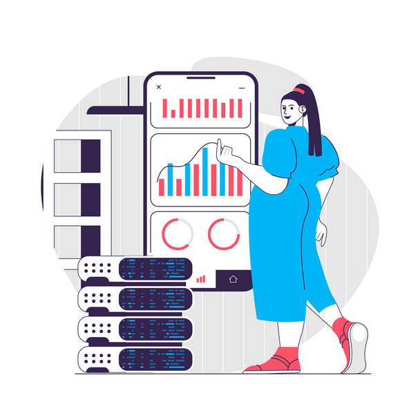 Data analysis web concept. Woman works in server room of datacenter. Business analytics people scene. Flat characters design for website. Vector illustration for social media promotional materials - Vector, Image