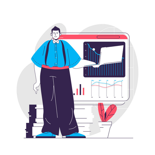Data analysis web concept. Analyst works in statistics, analyzes graphs. Business analytics people scene. Flat characters design for website. Vector illustration for social media promotional materials - Vector, Image