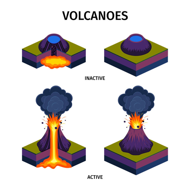 Active And Sleeping Volcanoes Isometric Set - Vektor, obrázek