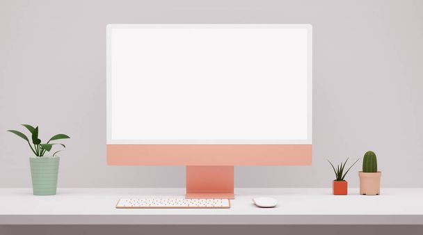 Moderne roze computer leeg scherm mockup op een wit bureaublad in 3D-rendering. Web, app en ui ux design presentatie - Foto, afbeelding