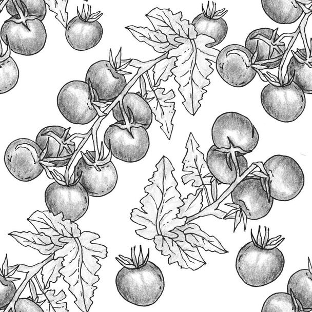 Seamless food pattern with hand drawn tomatoes. Black and white background for textiles, packing, fabric, invitations, cards. Bright green background. Vegetables, Italian food restaurant. - Photo, Image