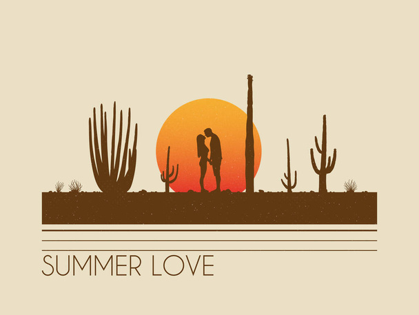 Lovers between cactuses. Kissing couple silhouette. Romantic date - Vector, Imagen