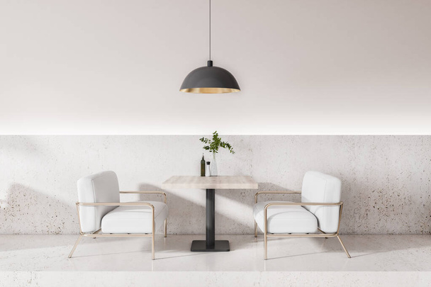 Modern concrete art deco cafe interior with furniture and daylight. 3D Rendering - Fotoğraf, Görsel