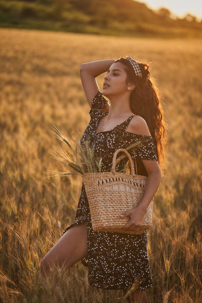 Elegant Woman In A Dress With Basket In The Wheat Field at sunset. - Fotoğraf, Görsel