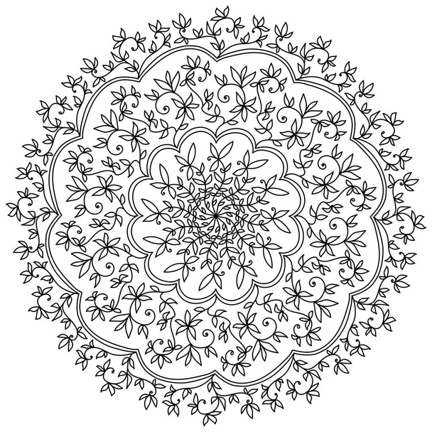 Mandala délicat avec boucles et feuilles de gribouillis, page méditative avec motifs à base de plantes pour la conception - Vecteur, image