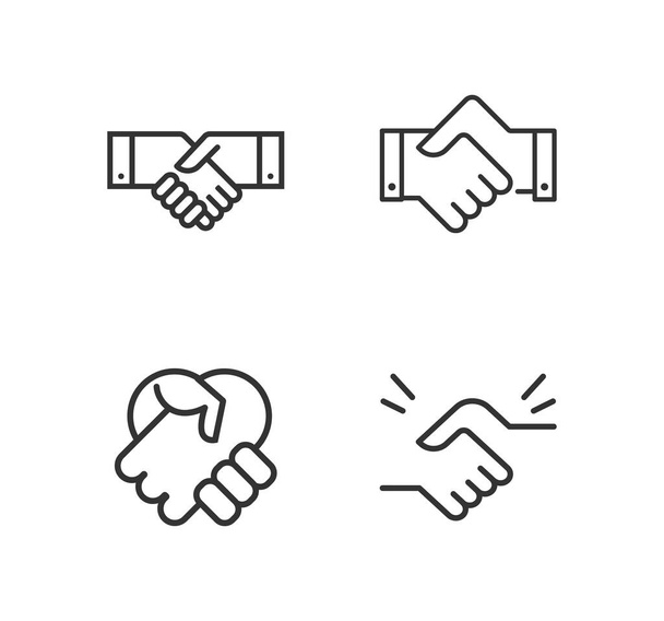 Handdruk, vergadering, partnerschap, overeenkomst, deal line icoon set - Vector, afbeelding