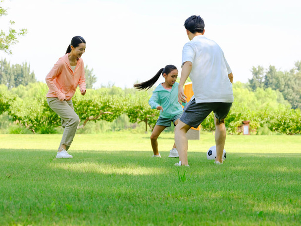 Happy family of three playing football in the park - Фото, изображение