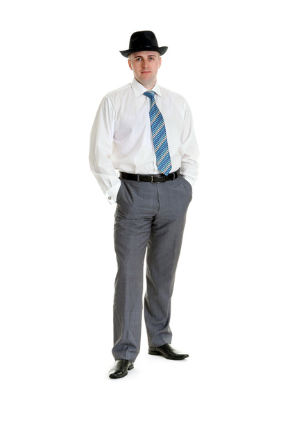 Businessman in a black hat on white background - Фото, изображение
