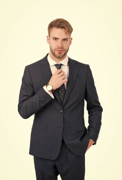 all must be perfect. ceo has successful business. modern formal style. handsome businessman in suit. male office fashion. boss isolated on white. groomed guy wear elegant apparel. barbershop salon - 写真・画像