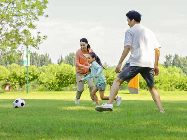 Happy family of three playing football in the park - Foto, imagen