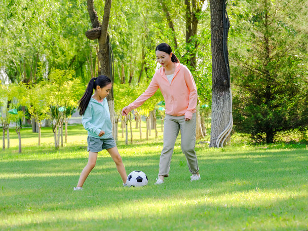 Happy mother and daughter are playing football in the park - Fotografie, Obrázek