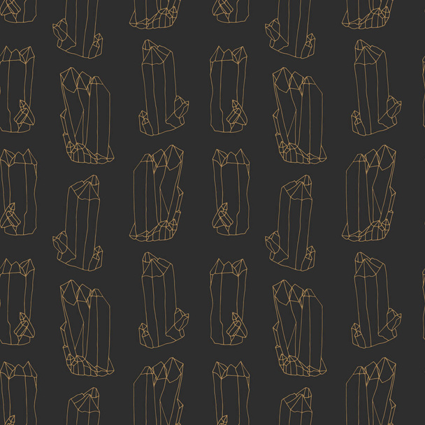 Yksivärinen kultainen saumaton kuvio käsin piirretty kiteitä mustalla pohjalla - Vektori, kuva