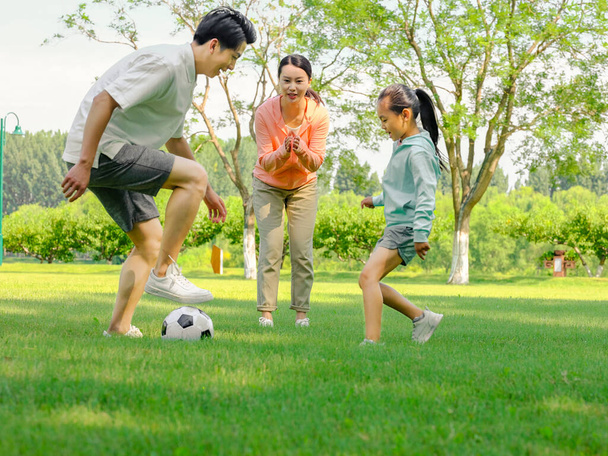 Happy family of three playing football in the park - Zdjęcie, obraz