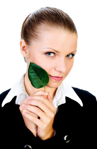 Beautiful girl with a small, green leaf. isolated - Foto, Imagen