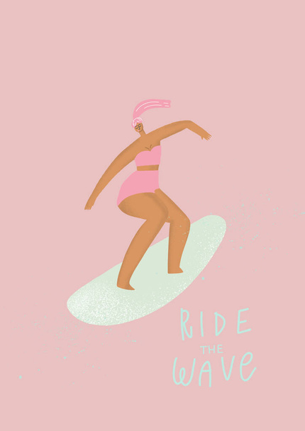 Nainen pinkissä uimapuvussa lainelaudalla, käsin kirjoitettu lainaus - Valokuva, kuva