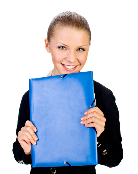 Retrato de mulher de negócios sorridente com pasta azul
 - Foto, Imagem