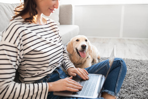 Młoda kobieta w domu z laptopem i labradorem - Zdjęcie, obraz