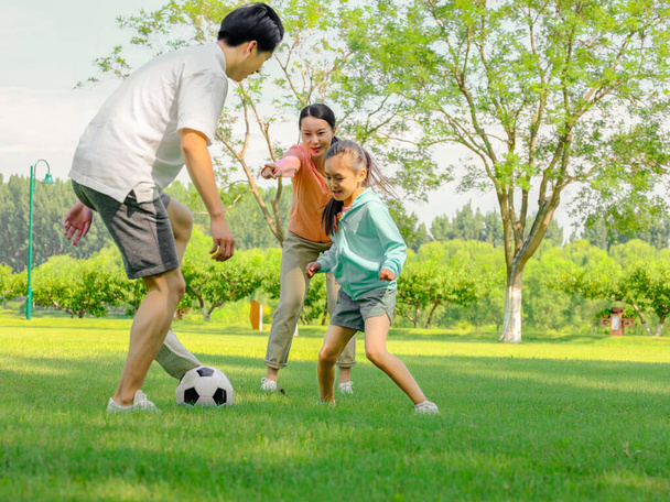 Happy family of three playing football in the park - Foto, afbeelding