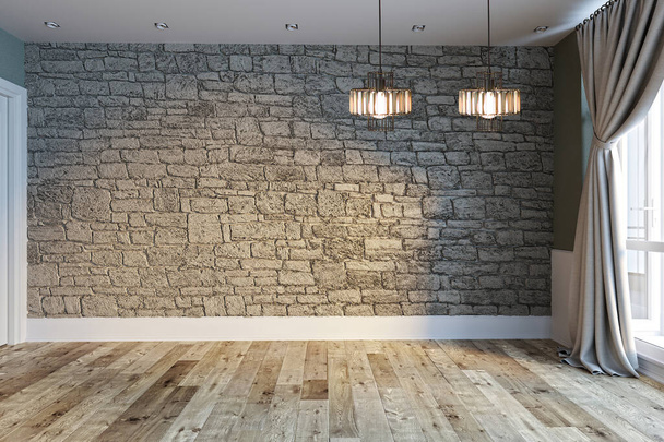 salon vide décoration intérieure lampe moderne et plancher en bois, concept de mur en pierre. fond décoratif pour la maison, bureau, hôtel. Illustration 3D - Photo, image