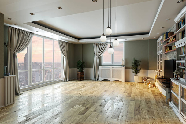 empty interior design living room and balcony with large windows - 写真・画像