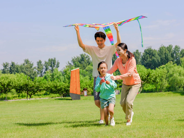 Happy family of three flying kites in the park - Fotó, kép
