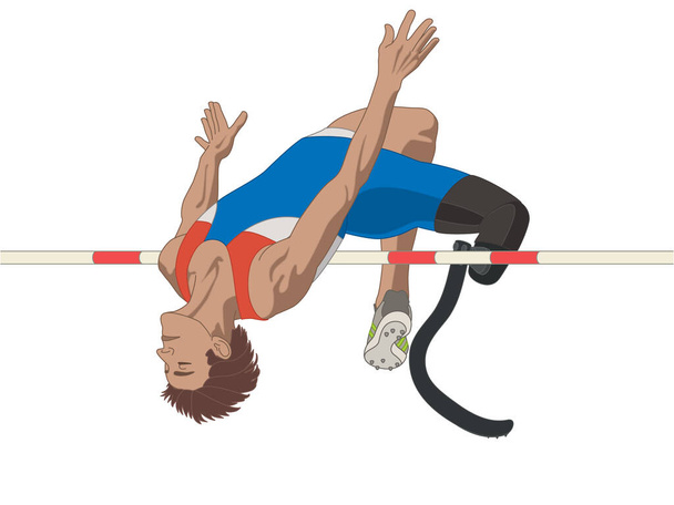 パラスポーツ麻痺ハイジャンプ義足の身体障害男性アスリート白い背景に隔離された陸上競技 - ベクター画像
