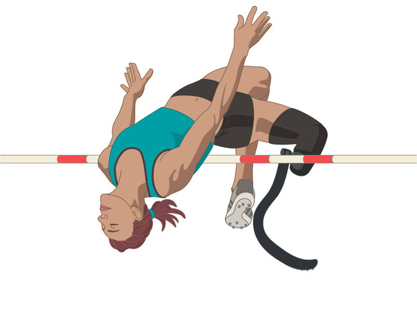 Para-Sport paralympischer Hochsprung, körperlich behinderte Athletin auf Beinprothese, Leichtathletik, isoliert auf weißem Hintergrund - Vektor, Bild