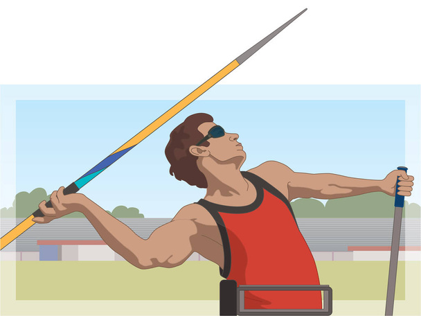 para sports paralympic javelin throw, visual impaired male athlete, track and field, with stadium in background - Vector, Image