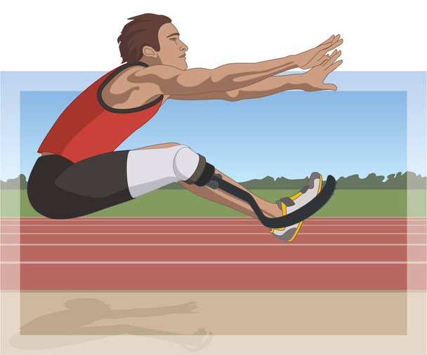 para sport paralimpiai távolugrás, mozgássérült férfi sportoló műlábon, pálya és mező, pálya a háttérben - Vektor, kép