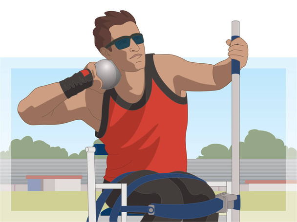 para deportes tiro paralímpico poner, atleta masculino con discapacidad visual, pista y campo, con estadio en el fondo - Vector, Imagen