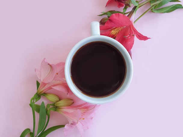 Tasse Kaffee, Blume auf farbigem Hintergrund - Foto, Bild