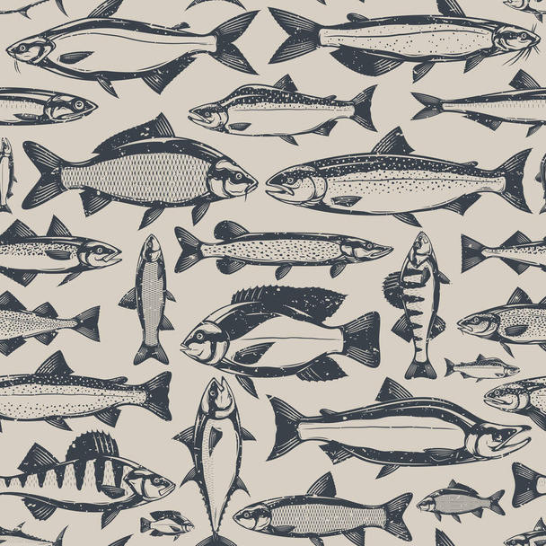 Vector fish retro-styled seamless pattern or background. Fish illustration collection - Vector, Image