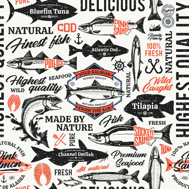 Vector Fisch im Retro-Stil nahtlose typografische Muster oder Hintergrund. Fischsilhouetten und Illustrationen - Vektor, Bild