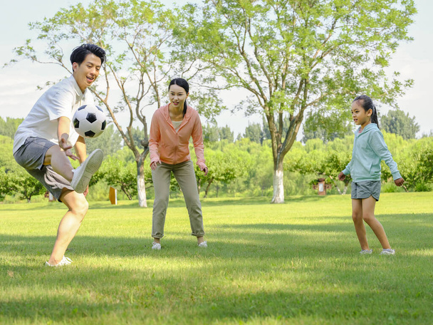 Happy family of three playing football in the park - Photo, image