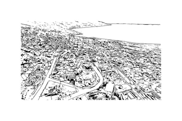 Stampa Vista edificio con punto di riferimento di Città del Capo è una città portuale in Sud Africa. Illustrazione schizzo disegnato a mano in vettore. - Vettoriali, immagini