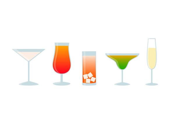 Set de cócteles tropicales, zumo y copa de champán. Recogida de bebidas alcohólicas aisladas sobre fondo blanco - Vector, Imagen