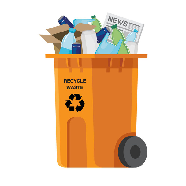 Reciclagem, Bin Amarelo ou Lixeira para jogar fora lixo, como latas, garrafas de água, papel sobre um fundo branco. Ilustração vetorial. - Vetor, Imagem