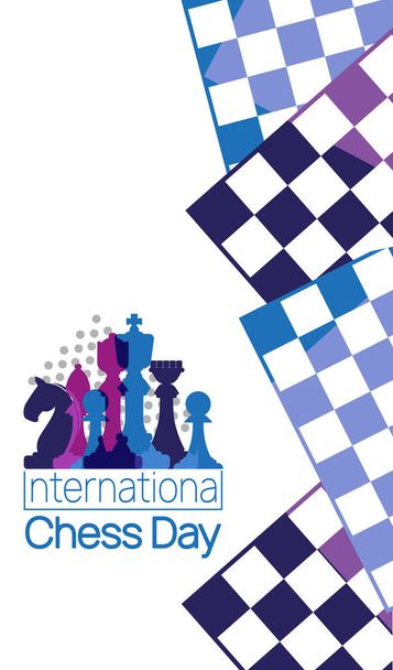 Banner do Dia Internacional do Xadrez. Ilustração vetorial de peças de xadrez Rei, Rainha e Bispo perto do tabuleiro de xadrez. - Vetor, Imagem