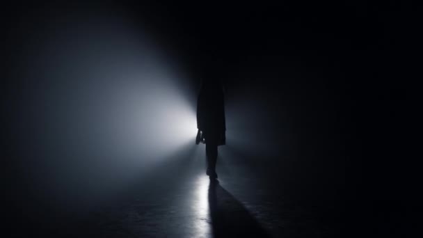 Chica silueta caminando oscuridad. Mujer va derecho en la cámara de fondo oscuro - Metraje, vídeo