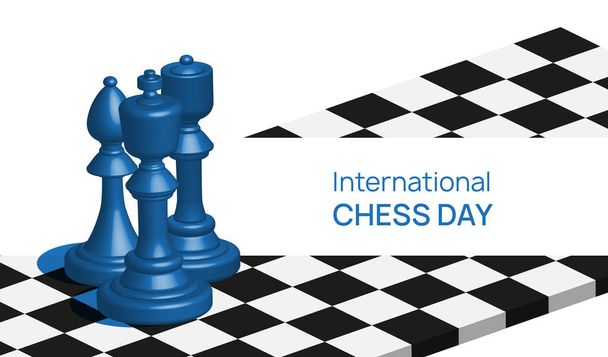 Banner Mezinárodního šachového dne. Šachové figurky na desce vektorové ilustrace. - Vektor, obrázek