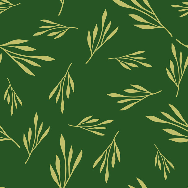 Random yellow leaf branches seamless doodle pattern. Green background. Foliage doodle backdrop. Vector illustration for seasonal textile prints, fabric, banners, backdrops and wallpapers. - Vector, Imagen
