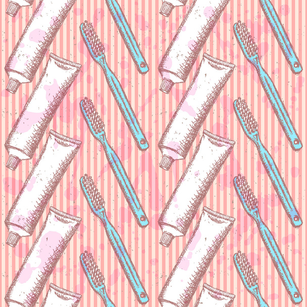 Sketch tooth brush and paste, vector  seamless pattern - Vektori, kuva
